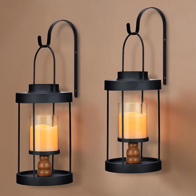 Metal Wall Sconce Candle Lantern Set of 2 - Black Wall Mounted Wood and Metal Hanging Holder with Glass & Candles Vintage Wall Decor for Porch, Living Room, Dining Room, Bedroom Indoor Decor-Ruum Studio Home