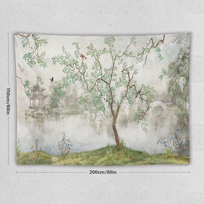 HZOHNAGO Japanese Tapestry Tree Misty Garden Lake Printed Wall Tapestry Ink Painting Wall Hanging for Bedroom Living Room Dorm 80" W x 60" H-Ruum Studio Home