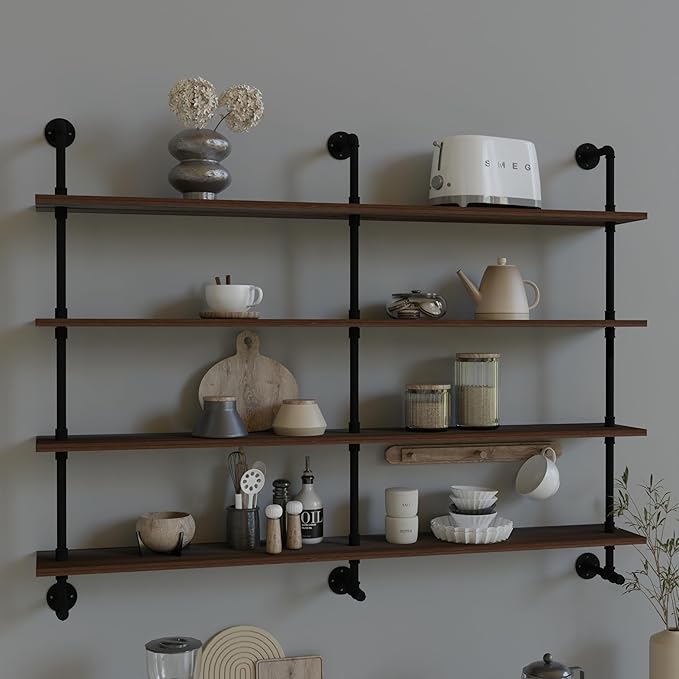 Industrial Pipe Wall Shelves Pipe Shelving with Real Wood Plank,60 Inches Floating Shelves for Wall Farmhouse Pipe Book Shelves Dark Brown 4 Tier for Kitchen,Living Room Decor and Bar Shelving-Ruum Studio Home