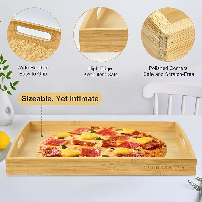 Bamboo Serving Tray Set of 2 Elegant for Coffee, Eating or Decor - Large and Small Rectangle Serving Trays with Handles - Wood Serving Tray Suitable for Home, Kitchen and Outdoor-Ruum Studio Home
