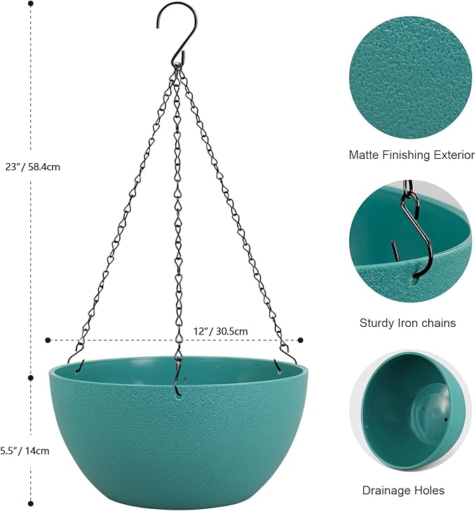 12 inch Large Hanging Planters for Indoor Outdoor Plants, 2 Pack Hanging Flower Plant Pots with Drainage Holes and Chain for Garden Porch, Plastic Hanging Baskets for House Plants, Blue Green-Ruum Studio Home
