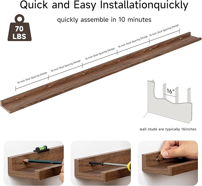 Floating Picture Ledge Shelves for Wall Set of 2, 95 Inches Picture Ledge Shelf with Long Large Nursery Book Shelf for Toys Storage Kids Bookshelf Wall Mounted Living Room Bedroom Decor Frames, Walnut-Ruum Studio Home