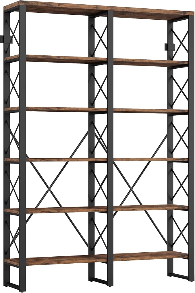 IRONCK Bookshelf Double Wide 6-Tier 76" H, Open Large Bookcase, Industrial Style Shelves, Wood and Metal Bookshelves for Home Office, Easy Assembly-Ruum Studio Home