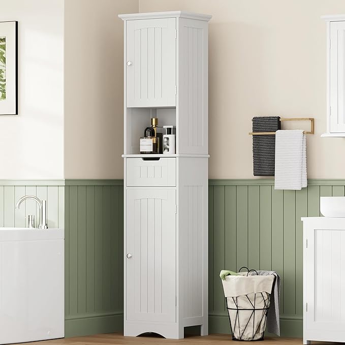 ChooChoo 67" Tall Bathroom Storage Cabinet Freestanding with Adjustable Shelves, Narrow Storage Linen Cabinet with 2 Doors and 1 Drawers for Bathroom, Living Room, Kitchen, White-Ruum Studio Home