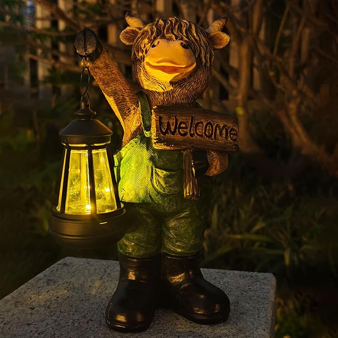Solar Garden Decor Statues: Handmade Resin Statue with LED Light,Highland Cow Figurine Outdoor Garden Decor Unique Gifts for Women, Mom, Grandma (Green cow1)-Ruum Studio Home