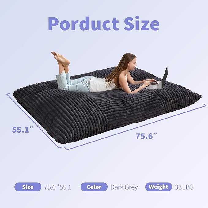 Hobestluk 3 in 1 Bean Bag Chair Giant Bean Bag Chairs Convertible Bean Bag Floor Cushion with Machine Washable Cover, Beanbag Chairs for Adult (Dark Grey)-Ruum Studio Home