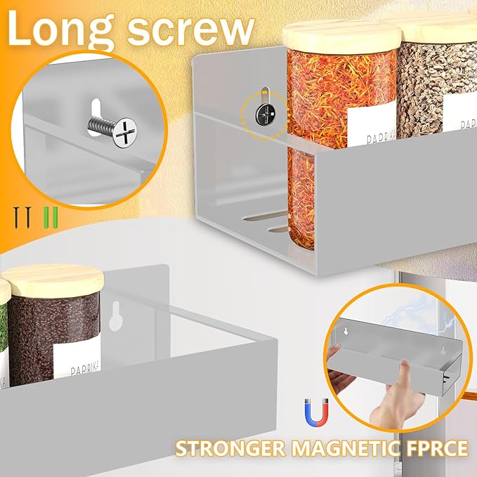 Magnetic Spice Rack Organizer for Fridge Seasoning Organizer for Kitchen Storage With Screw Magnetic Shelf for Oven, RV,Garage,Bathroom (Grey, 4pack)-Ruum Studio Home