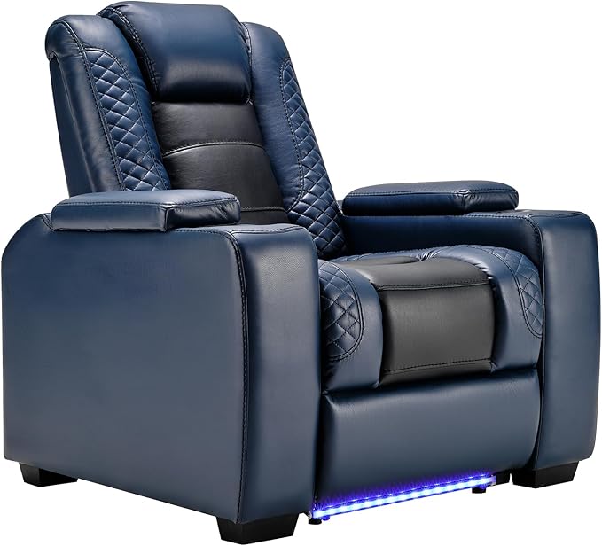 ANJ Power Home Theater Seating, PU Leather Electric Recliner Chair with Powered Headrest, Dual Motors Movie Reclining Chairs with LED Lights,USB Port, Cup Holders, Hidden Arm Storage (Blue & Black)-Ruum Studio Home
