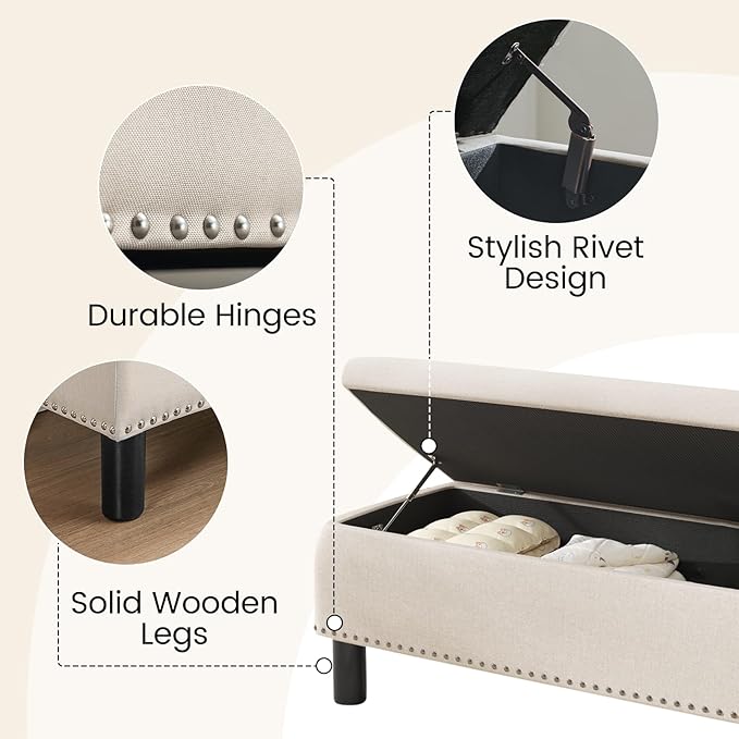 Furniliving 42” Ottoman Bench with Storage, Folding Storage Ottoman Benches with Wood Legs, Upholstered Bedroom Bench with Button-Tufted, Entryway Bench for Bedroom, Linen, Beige-Ruum Studio Home