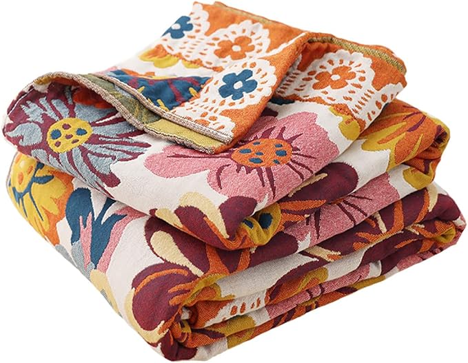 Boho Muslin Blanket for Adults 4-Layer Gauze 80 x 90 Inches Soft Cozy 100% Cotton Summer Cooling Blanket Floral Decor for Sofa Bed Coverlet Both Sides (Daisy Floral, 80 x 90 in)-Ruum Studio Home