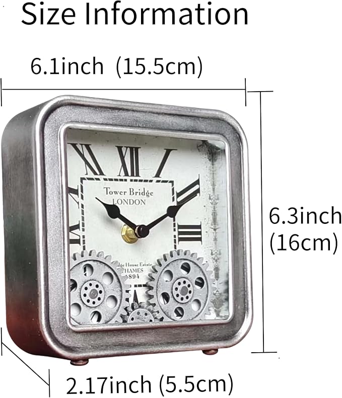 Desk Clock Vintage Metal Table Clocks with Moving Gears, Silent Retro Industrial Steampunk Quartz Small 6 inch End Table Clock for Home Office Living Room Decor Battery Operated-Ruum Studio Home