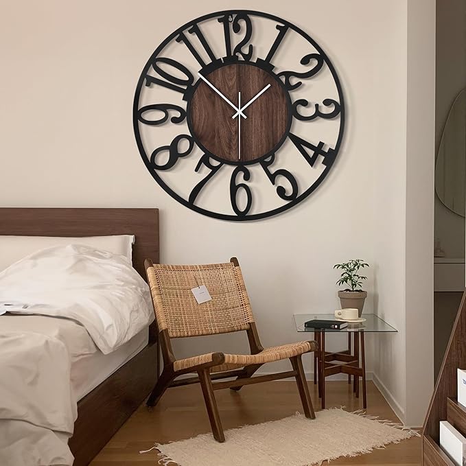 LEIKE 32" Oversized Large Wall Clocks,Silent,Non Ticking,Battery Operated Modern Round Big Wood Decorative Metal Wall Clock for Living Room, Bedroom,Kitchen,Farmhouse,Office Decor - Black,32 Inch-Ruum Studio Home