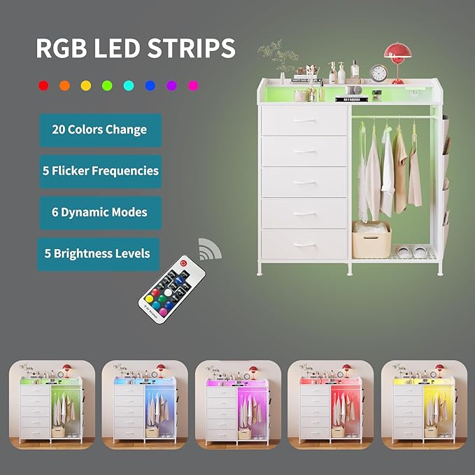 LUMTOK Modern 5 Dresser with LED Hanging Rack, Dresser with Clothes Rack, Hanger Rack, and Storage Drawers, Drawer Dressers with Coat Racks for Bedroom Living Room, Entryway, Closets (White)-Ruum Studio Home