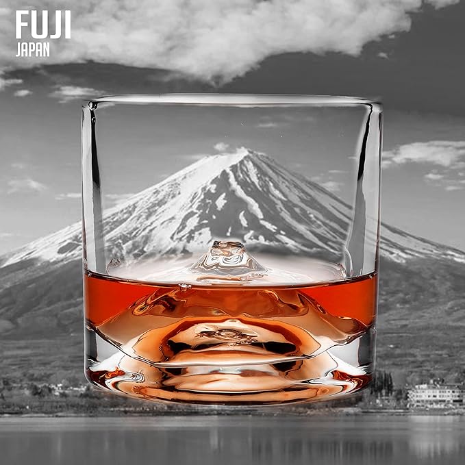 Mount Fuji Heavy Crystal Whiskey Glasses Gift Set of 2, Thick Freezable Bourbon Glass 1lb Each, Premium Whiskey Gifts for Men, Frozen Crystal Chills Cocktails, 10 oz-Ruum Studio Home