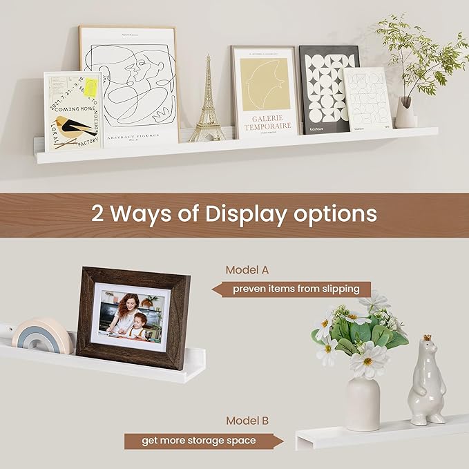 Picture Ledge Shelf, Solid Pine Wood Floating Shelves Set of 2, 40 Inches Nursery Book Shelves for Toys Storage, Kids Bookshelf Wall Mounted for Living Room Bedroom Decor Books Photo Frames, White-Ruum Studio Home