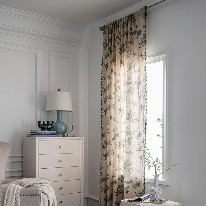 Sutuo Home Boho Curtain 84 Inches Length for Bedroom, Printed Cotton Linen Rod Pocket Semi Blackout Farmhouse Bohemian Tassels Window Treatment for Living Room, 1 Panel 59" W x 84" L, Green Forest-Ruum Studio Home