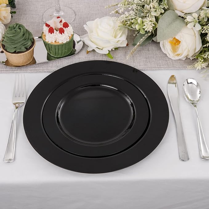 FLOWERCAT 60PCS Black Plastic Plates - Heavy Duty Black Disposable Plates for 30 guests Halloween Party/Wedding/New Year - Include 30PCS 10.25inch Dinner Plates and 30PCS 7.5inch Dessert Plates-Ruum Studio Home