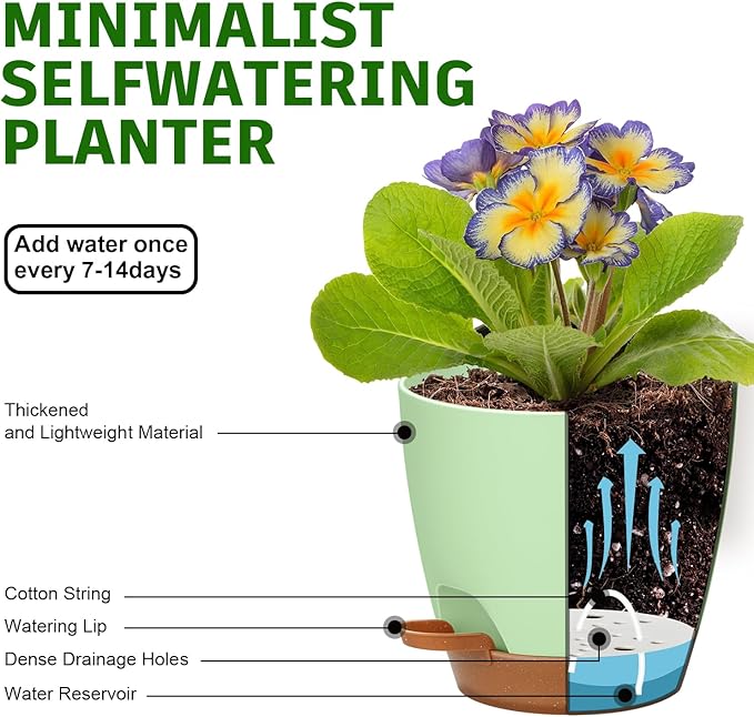 Uneed Indoor Self Watering Planters with Drainage Holes and Saucers, 7/6.5/6/5.5/5 Inch-5 Pots,for Indoor Plants, Herbs, Succulents-Green-Ruum Studio Home