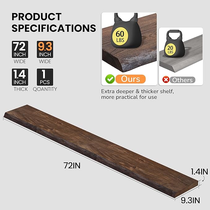 Floating Shelves for Wall, 72"x9.3" Rustic Solid Live-Edge Elm Wood Wall Shelves, Heavy-Duty Floating Shelves with Invisible Brackets, Set of 2 for Living Room, Bedroom, and Kitchen, Grey Finish-Ruum Studio Home