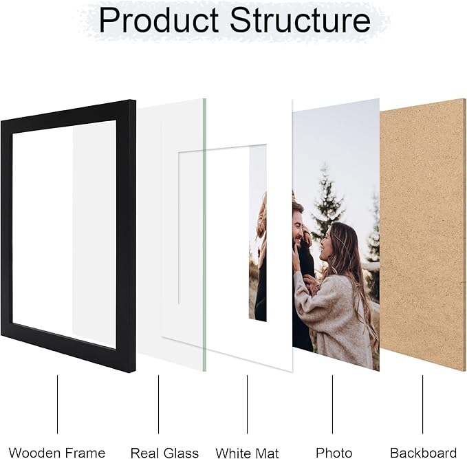 11x14 Picture Frame Set of 4, 11 x 14 Wood Photo Frames with Mat for 8x10, Wooden Frame with Real Glass Cover for Wall and Tabletop Display,Black-Ruum Studio Home