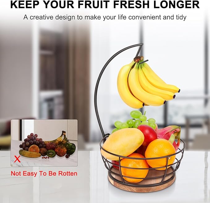 Livabber Countertop Fruit Basket Bowl with Banana Hanger, Modern Standing Fruit Vegetable Bowl Storage, with Banana Tree Holder for Kitchen Dinning Table (Round Wood, Black)-Ruum Studio Home