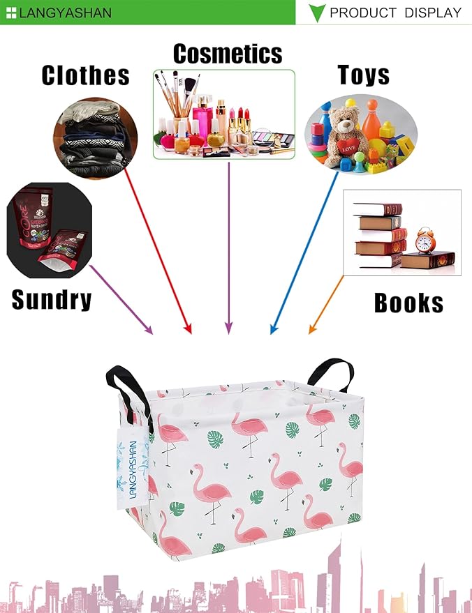 LANGYASHAN Rectangular Storage Bin Collapse Canvas Fabric Cartoon Storage Basket with Handles for Organizing Home Kitchen Boys and Girls Toys Office Closet Shelf Baskets(Rec Leaf Flamingo)-Ruum Studio Home