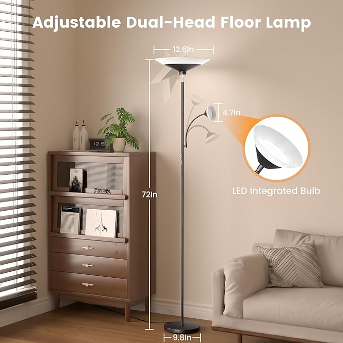 Upgraded 2-in-1 Torchiere Floor Lamp, Dimmable Standing Lamp with Remote&Touch Control, 34W Brightness Adjustable Floor Reading Light, Black Modern Corner Lamp for Living Room Bedroom Office-Ruum Studio Home