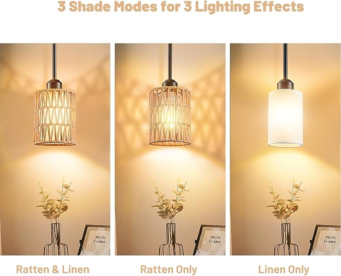 Pendant Light Boho Hanging Lamp, Rattan Hanging Lights with 2 in 1 Linen & Woven Shade, Ceiling Light Fixtures for Kitchen Island, Dining Room, Farmhouse, Bedroom (1 Pack)-Ruum Studio Home