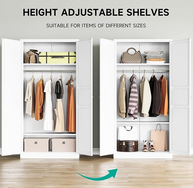 Metal Wardrobe Cabinet with Hanging Rod,White Armoire Wardrobe Closet,Metal Clothing Storage Cabinet with Adjustable Shelves and Doors,72" Wardrobes Storage Cabinet for Home,Living/Laundry Room-Ruum Studio Home