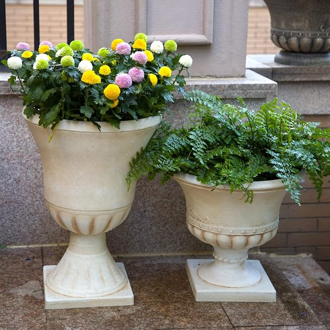 Worth Garden Plastic Urn Planters for Outdoor Plants, Tree 22'' Tall 2 Pack Round Classic Resin Flower Pots Indoor Beige Traditional Front Porch 15 in Dia. Large Imitation Stone Decorative Patio Deck-Ruum Studio Home