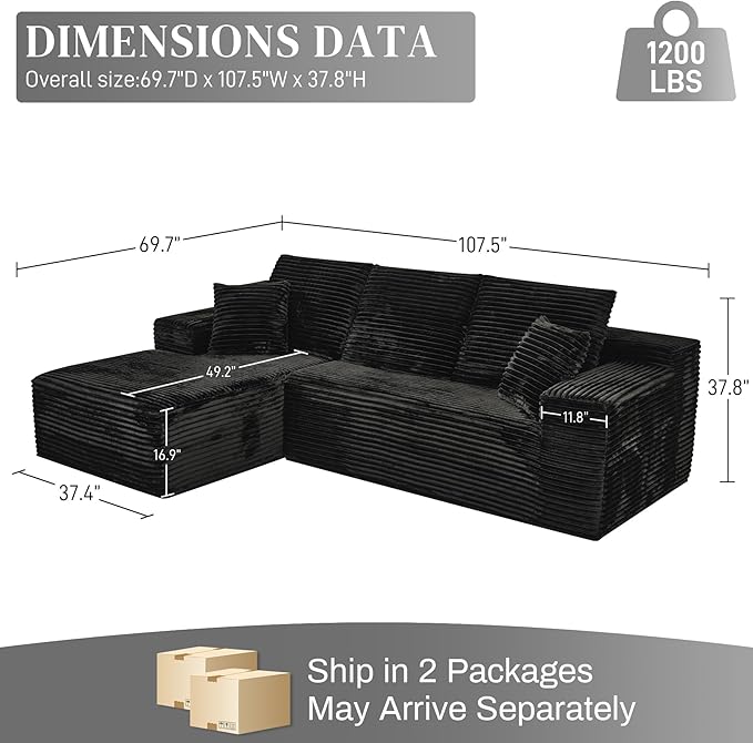 Modular Sectional Sofa Cloud Sectional Couch, 107" Comfy Fluffy L Shaped Light Black Couches for Living Room, Deep Seat Memory Foam Corduroy Boneless Couch Sectionals with Right Facing Chaise Sofa-Ruum Studio Home