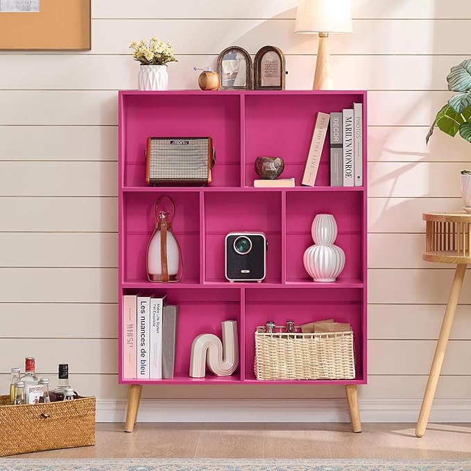 LEYAOYAO 7 Cube Bookshelf,3 Tier Book Shelf with Legs,Pink Modern Bookshelf,Large Freestanding Open Toy Modern Bookshelves,Display Bookcases Decor Furniture for Nursery-Ruum Studio Home