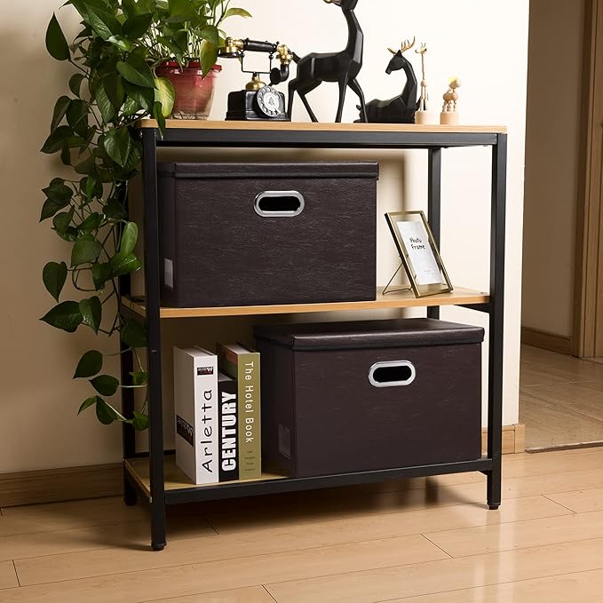 PRANDOM Collapsible Storage Bins with Lids [3-Pack] Leather Fabric Foldable Storage Boxes Organizer Containers Baskets Cube with Cover for Bedroom Closet Office Nursery Brown (14.9x10.8x10)-Ruum Studio Home