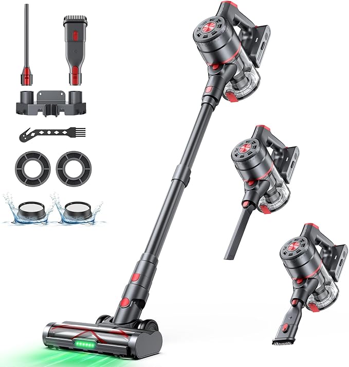 Cordless Vacuum Cleaner, 550W 45KPA Dual Motor Stick Vacuum for Home with 60mins Runtime, 6 LED Green Headlights, Self-Standing Design, V-Shaped Floor Brush for Carpet Tile Pet Hair Hardwood Floors-Ruum Studio Home