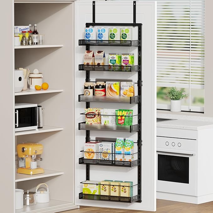 6-Tier Over the Door Pantry Organizer, 2 in 1 Large Door Spice Rack with Adjustable Metal Baskets, Heavy Duty Hanging or Wall Mounted Storage Organizer for Kitchen Pantry and Room Wall-Ruum Studio Home