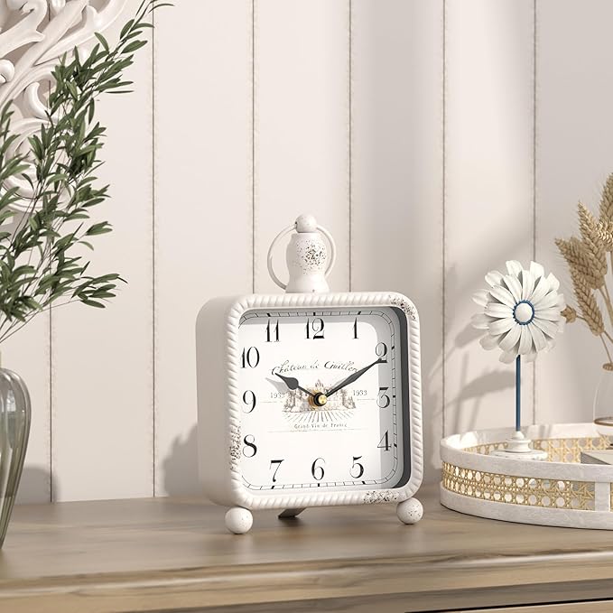Vintage White Table Clock on Stand, Desk and Shelf Decor Clock, French Rustic Style Non-Ticking Mantel Clocks for Farmhouse, Living Room, Bedroom, Bedside, Gift (8.5" H x 5.5" W)-Ruum Studio Home