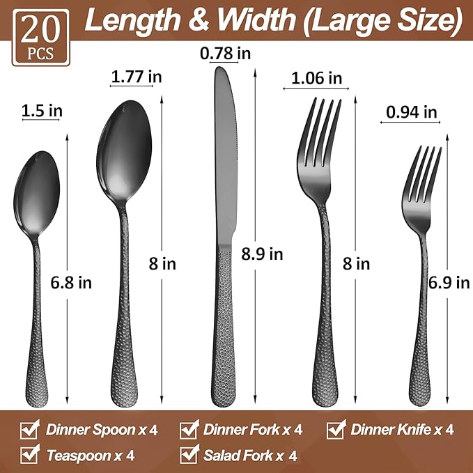 20 Pcs Black Silverware Set for 4 with Hammered Design, Food Grade Stainless Steel Flatware Set, Eating Utensils Sets Include Fork/Knife/Spoon, Cutlery Set, Dishwasher Safe-Ruum Studio Home