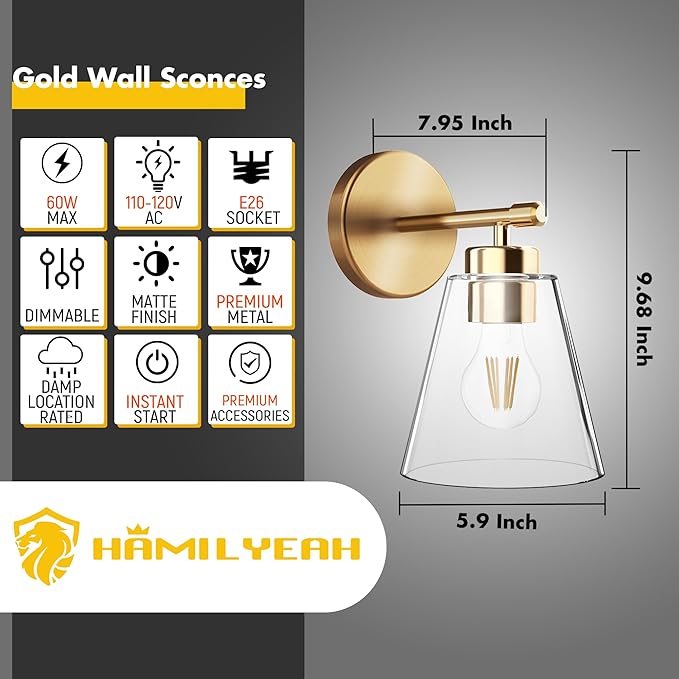 Hamilyeah Gold Wall Sconces Set of 2, Bathroom Sconce Lighting Fixtures, Modern Industrial Sconces Wall Lighting Indoor, Brass Wall Lamps for Bedroom Living Room Kitchen Over Sink Hallway-Ruum Studio Home