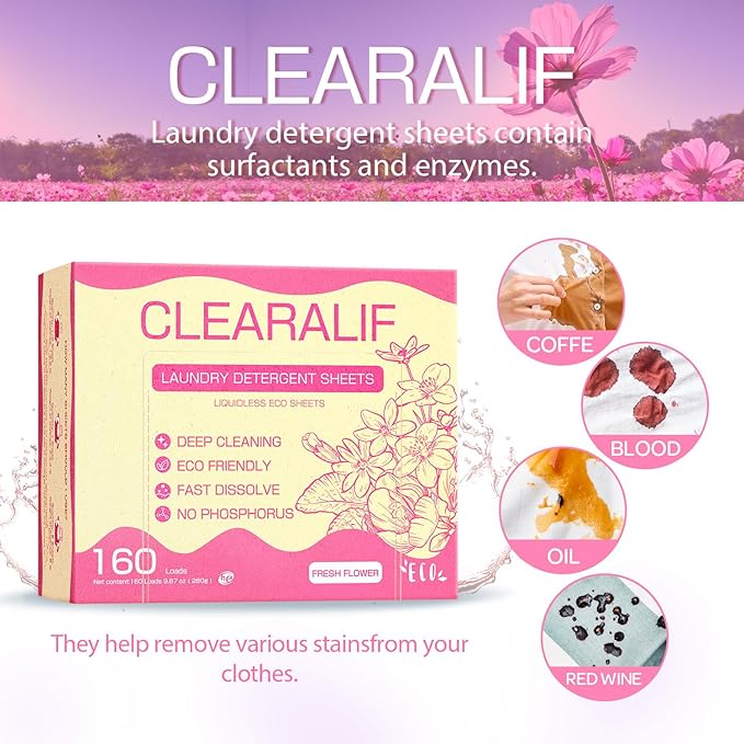 Laundry Detergent Sheets Up to 160 Loads, Fresh Flower - Great For Travel,Apartments, Dorms,CLEARALIF Laundry Detergent Strips Eco Friendly & Hypoallergenic - 80 Sheets-Ruum Studio Home