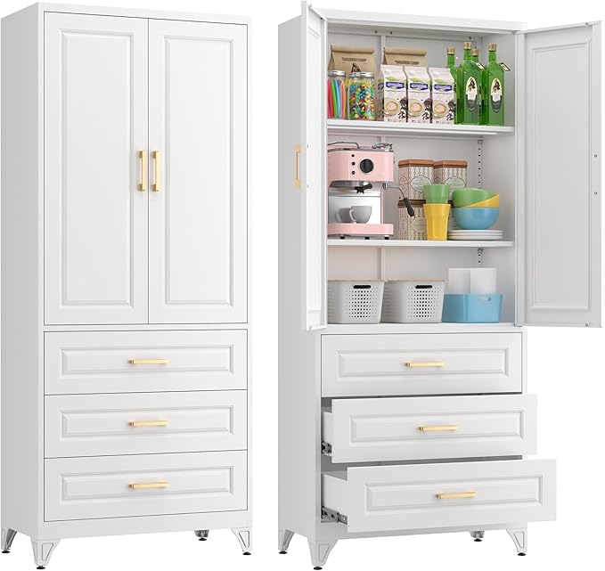 75" Kitchen Pantry Cabinet, Metal Storage Cabinets with Doors and Adjustable Shelves, White Tall Pantry Cabinet with 3 Drawers for Dinning Living Room-Ruum Studio Home