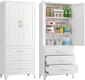 75" Kitchen Pantry Cabinet, Metal Storage Cabinets with Doors and Adjustable Shelves, White Tall Pantry Cabinet with 3 Drawers for Dinning Living Room-Ruum Studio Home