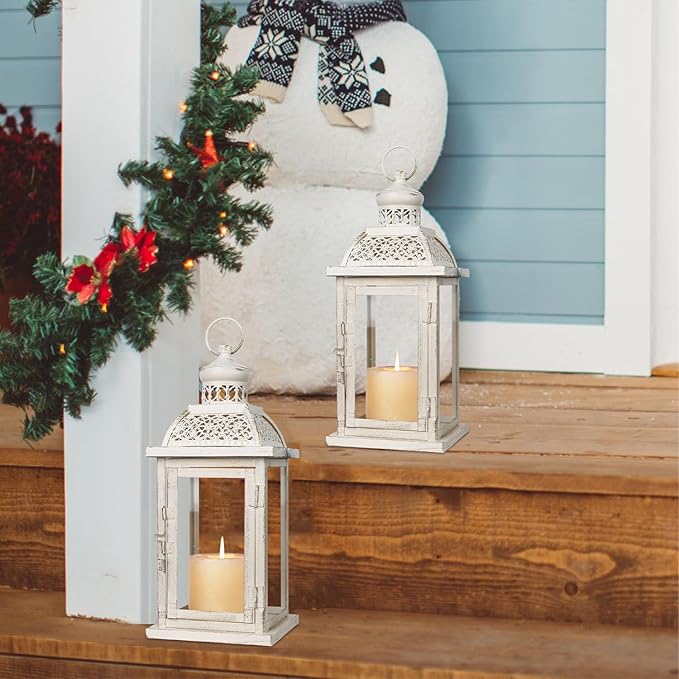DECORKEY Lantern Decorative Indoor&Outdoor, 2 Pack 14.4'' Large Metal Candle Lanterns, Vintage Hanging Candle Holders for Farmhouse Wedding Front Porch Patio, Halloween Christmas Decorations for Home-Ruum Studio Home