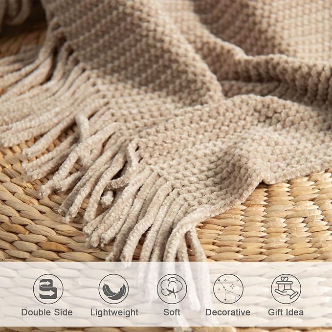 lifein Throw Blanket for Couch, Soft Boho Decor Bed Throw,Cozy Beige Knitted Chenille Small Farmhouse Lightweight Throw for Spring(Beige,50 * 60")-Ruum Studio Home