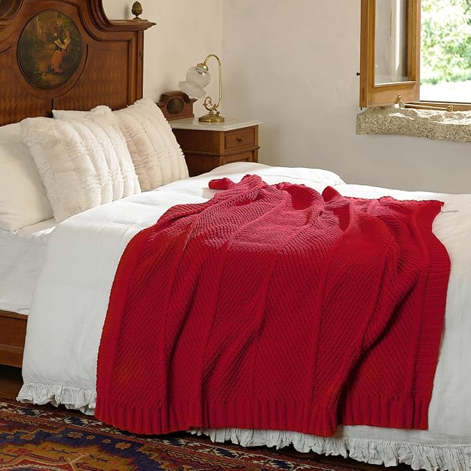 Amélie Home Chenille Knit Throw Blanket for Couch, Chevron Texture Decorative Soft Blanket for Sofa, Bed & Chair, 50"x60", Red-Ruum Studio Home