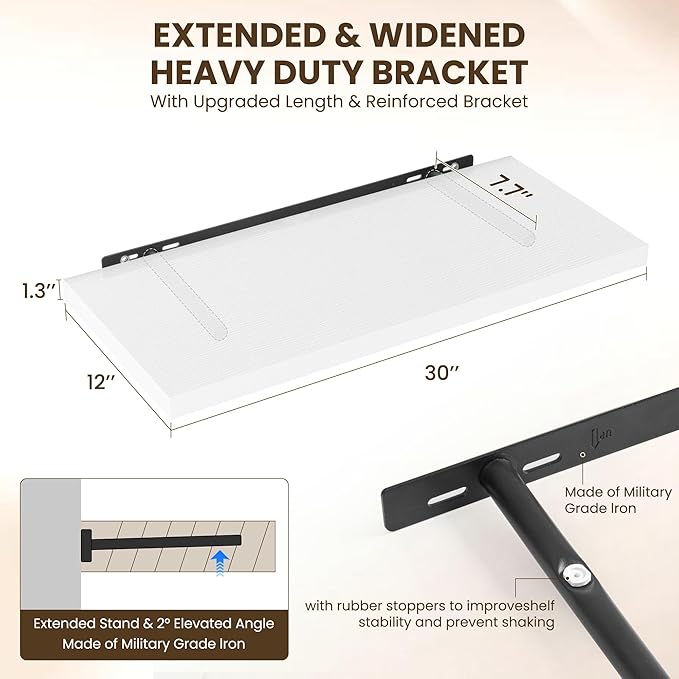 30" Floating Shelves for Wall, 12" Deep Slim White Floating Shelves, Wall-Mounted Shelves for Bedroom, Living Room, Kitchen, Bathroom - Set of 2-Ruum Studio Home