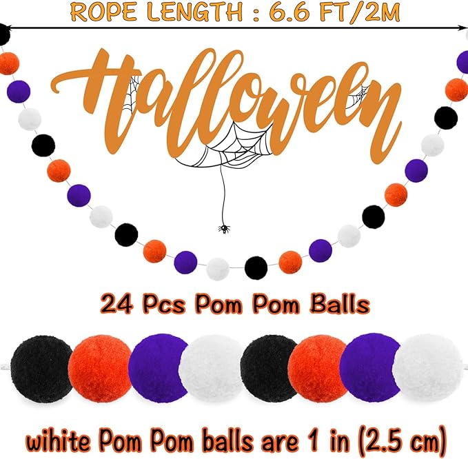 Jishi Fall Event Garlands, 3pk Orange Black White Felt Pom Pom Garland, 6.6ft Long, 25mm 24 Balls, Halloween Thanksgiving Party Decor-Ruum Studio Home