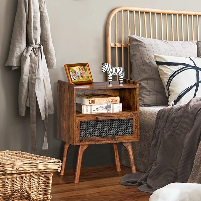 Lerliuo Rattan Nightstand, Boho Side Table with Drawer Open Shelf, Cane Accent Bedside End Table with Solid Wood Legs for Bedroom, Dorm and Small Spaces (Brown)-Ruum Studio Home