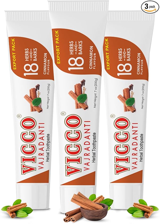 Vicco Vajradanti Ayurvedic Herbal Toothpaste by Vicco – 70 Year Legacy of Ayurveda, Cinnamon Flavour, with 18 Ayurvedic Herbs & Barks, 100% Natural, Vegan, Fluoride-Free & Cruelty-Free – 7 oz (3 Pack)-Ruum Studio Home