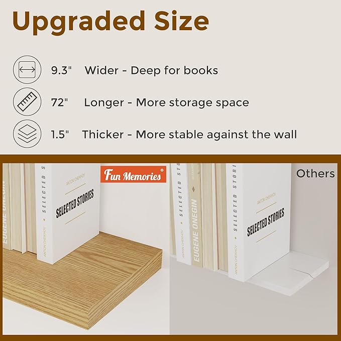 72 Inch Floating Shelves, 72 x 9 Rustic Wooden Fireplace Mantel, 9 Inch Floating Shelf for Wall, Farmhouse Wall Shelves for Home Storage & Display, Oak Color, Set of 1-Ruum Studio Home