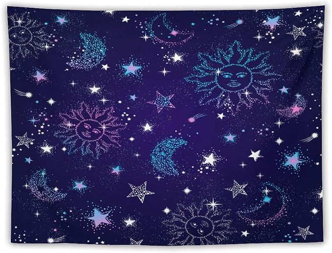 HZOHNAGO Boho Sun Moon Tapestry Purple Blue Sun Stars Galaxy Pattern Printed Wall Tapestry Wall Hanging for Bedroom Living Room Dorm 80" W x 60" H-Ruum Studio Home